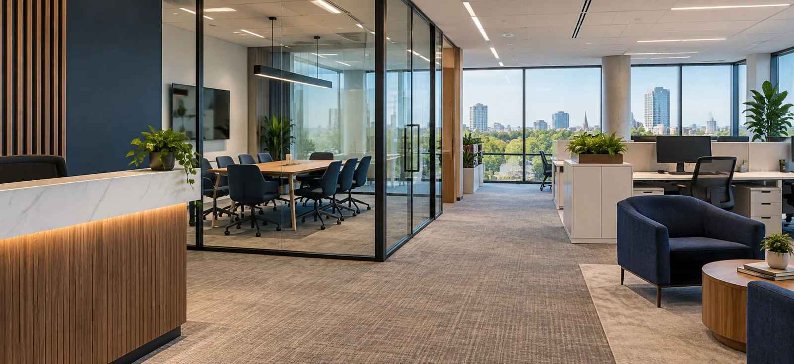 An orderly office reception and glass meeting room