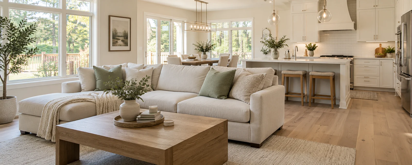 Bright, welcoming living room and kitchen